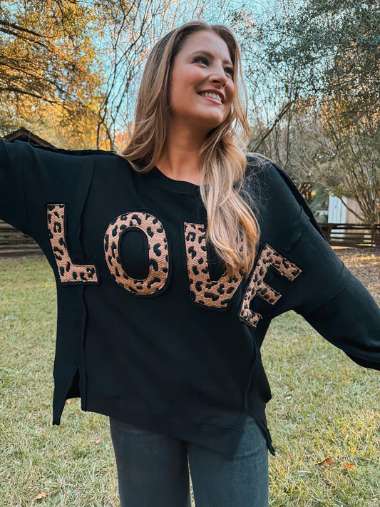 Oversized Leopard LOVE Patched Graphic Round Neck Top - Black