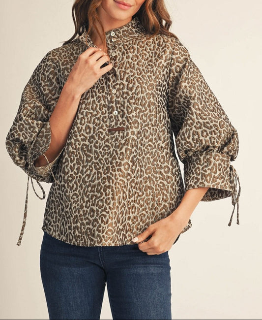 Make It Count Tie Detail Puff Sleeves Leopard Jacquard Top - Taupe