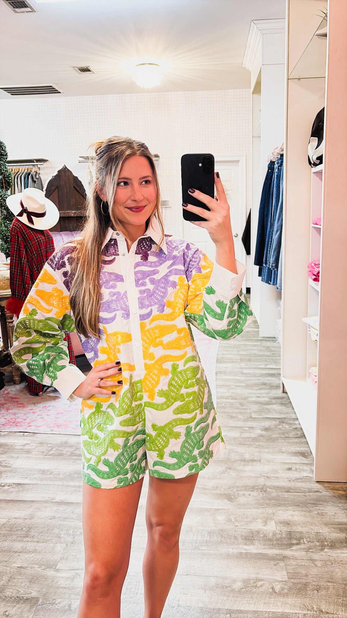 Queen Of Sparkles Alligator Button Up Cotton Romper