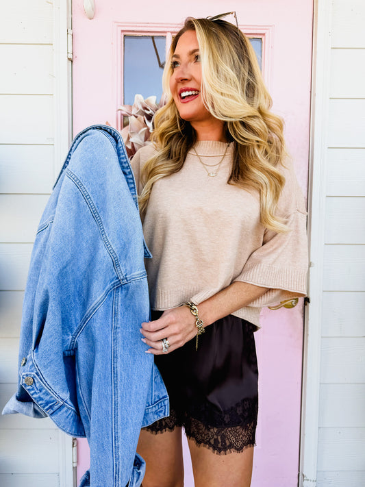 Double Time Mock Neck Short Sleeve Boxy Sweater - Heather Beige