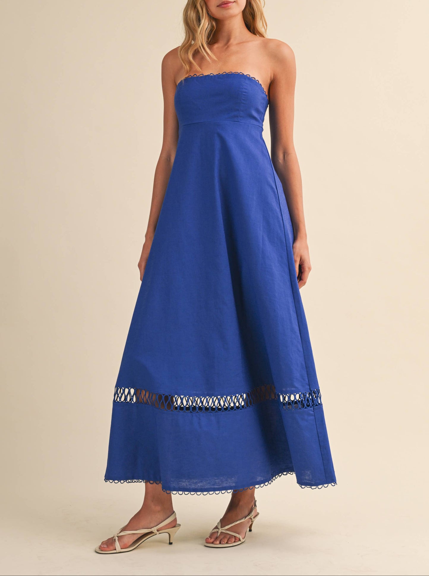 Lucky Lady Linen Rope Embroidered Accent Strapless Midi Dress - Royal