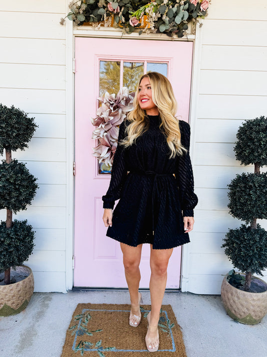 Holly Tied Neck Long Sleeve Mini Dress - Black