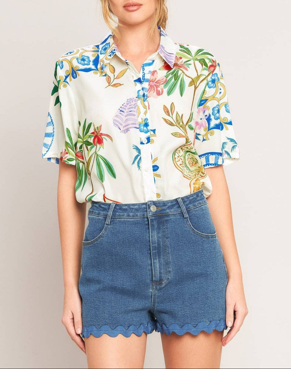 No Excuses Collared Printed Top - Off White