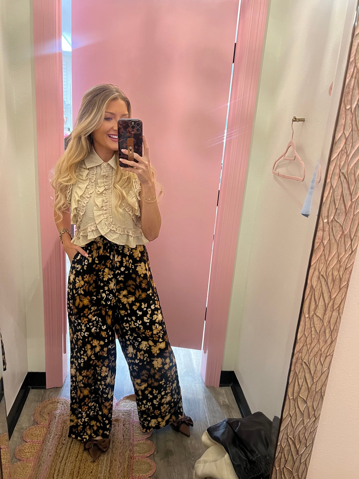 With Ease Printed Wide Leg Pull On Pants - Black Multi