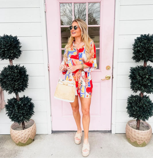 Tropical Adventures Tie Waist Front Button Romper