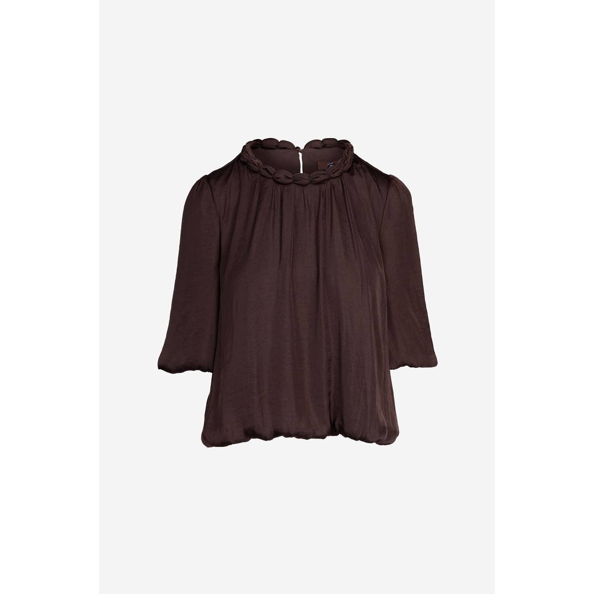 Fine Line Round Neck Accent Billowy Blouse - Chocolate