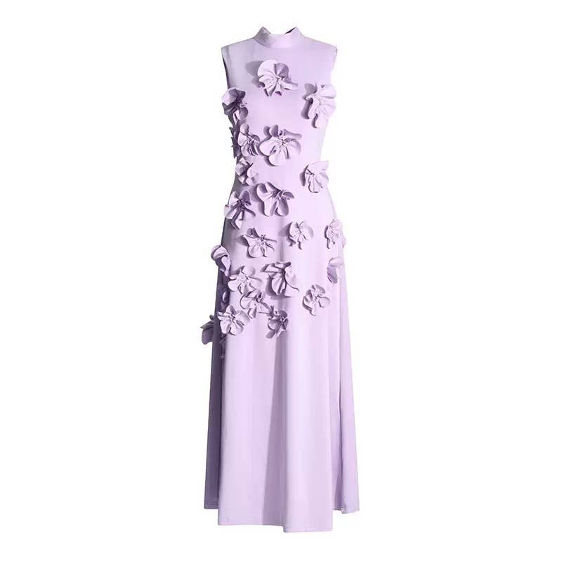 Born To Shine High-neck Sleeveless 3D Flower Maxi Dress - Purple