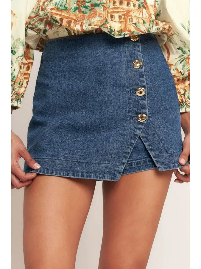 More Fun Front Button Washed Denim Skort - Medium Indigo