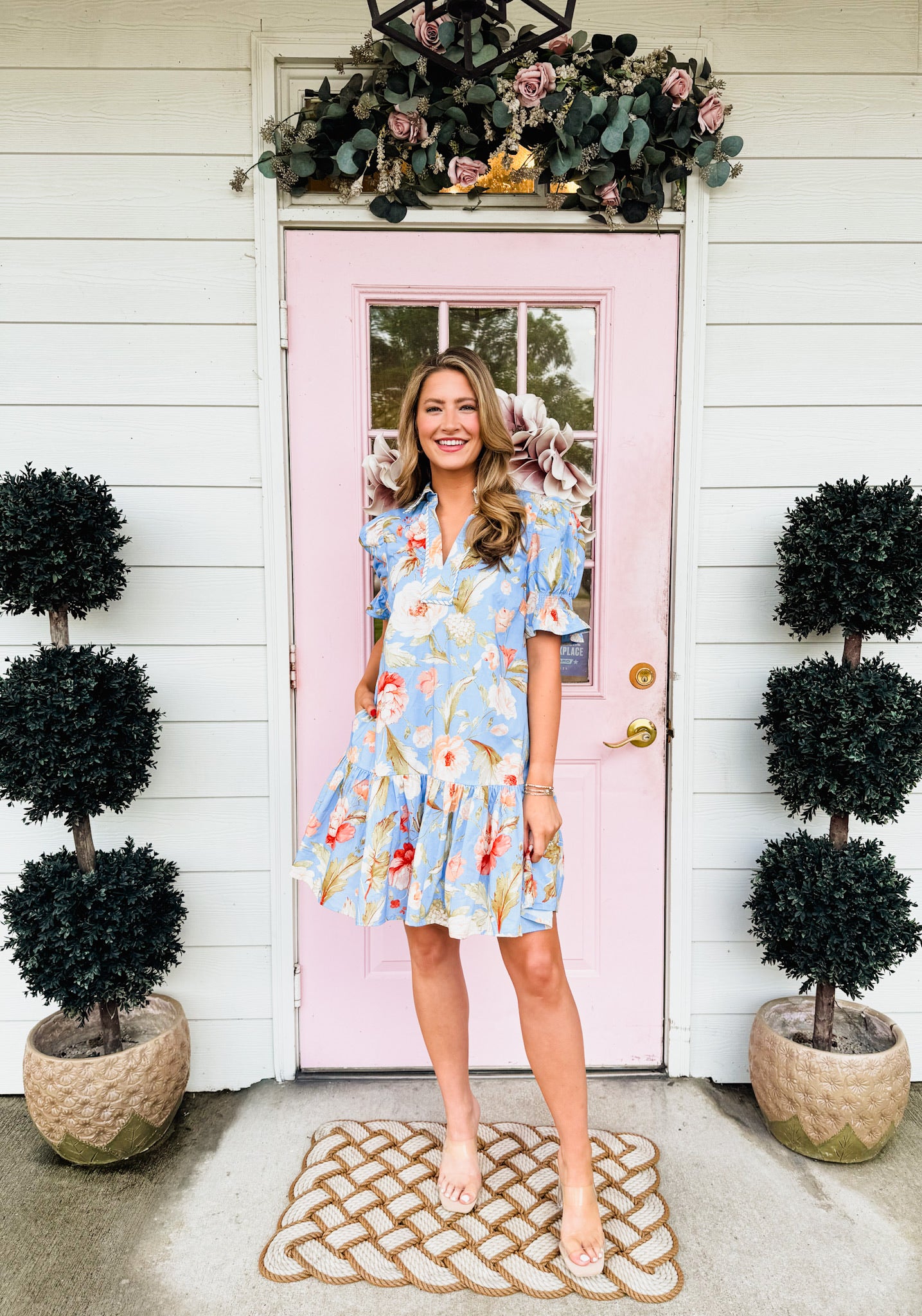 Handmade Floral Print Puff Sleeve Dress - Blue