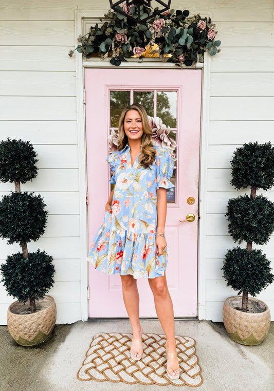 Handmade Floral Print Puff Sleeve Dress - Blue