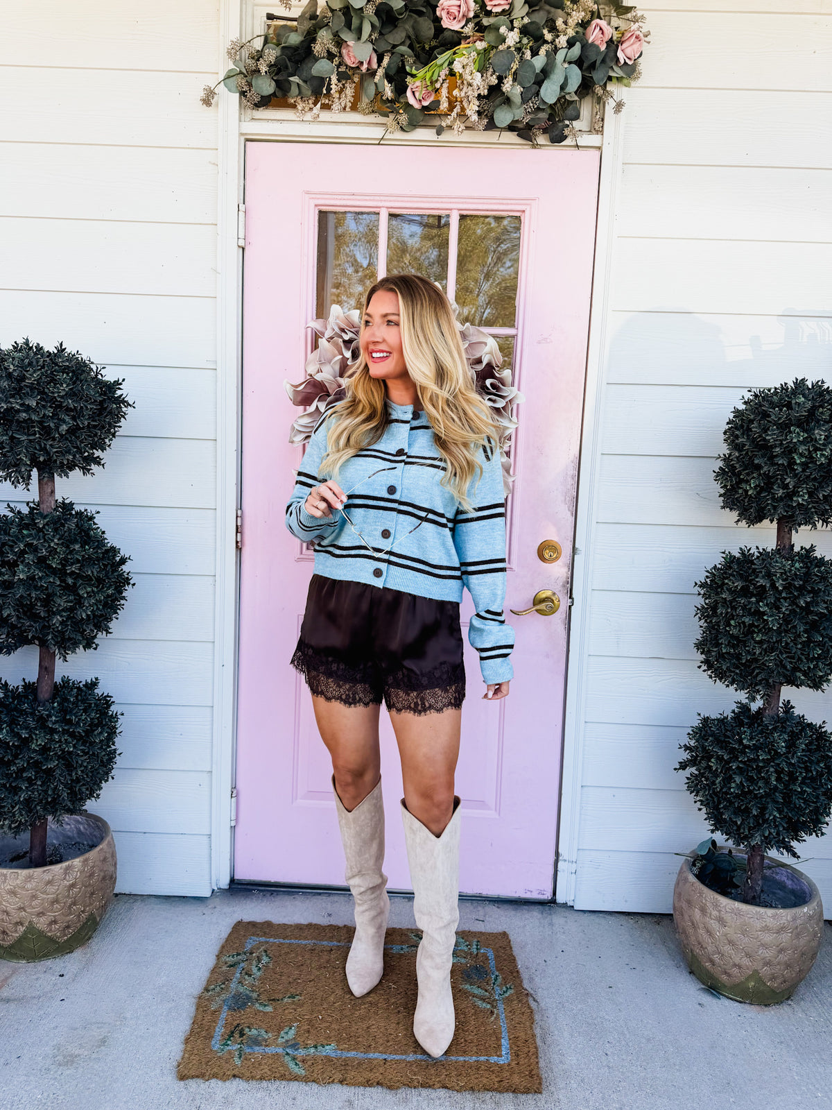 Low Key Long Sleeve Round Neck Striped Cardigan - Blue/Brown