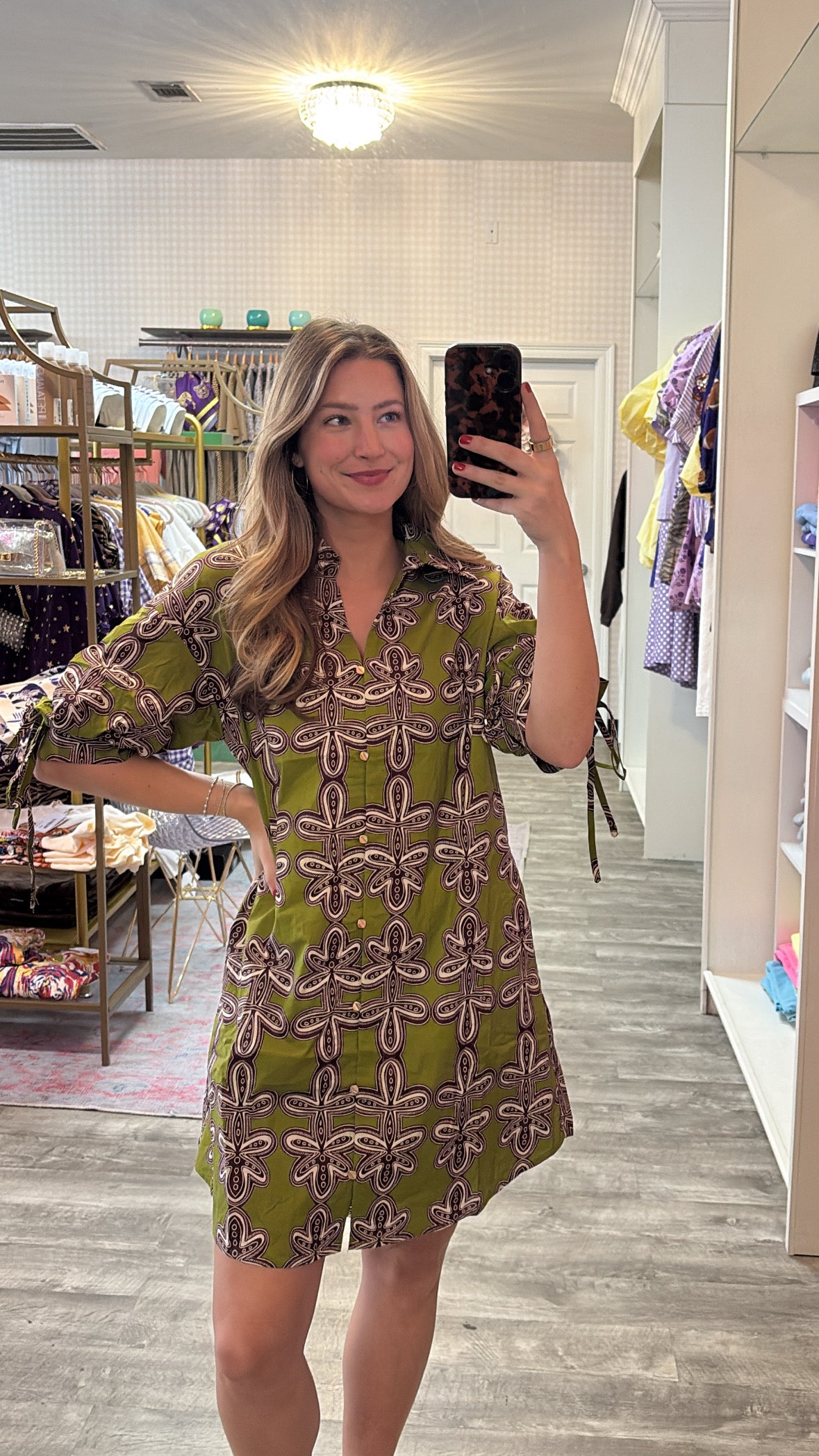 Stay Here Printed Short Sleeve Tie Dress - Martini Olive