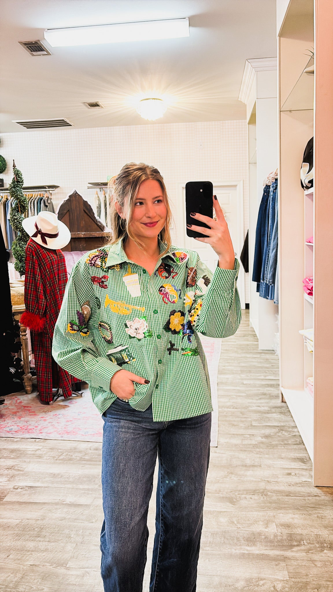 Queen Of Sparkles Green & White Gingham Mardi Gras Icon Button Up Top
