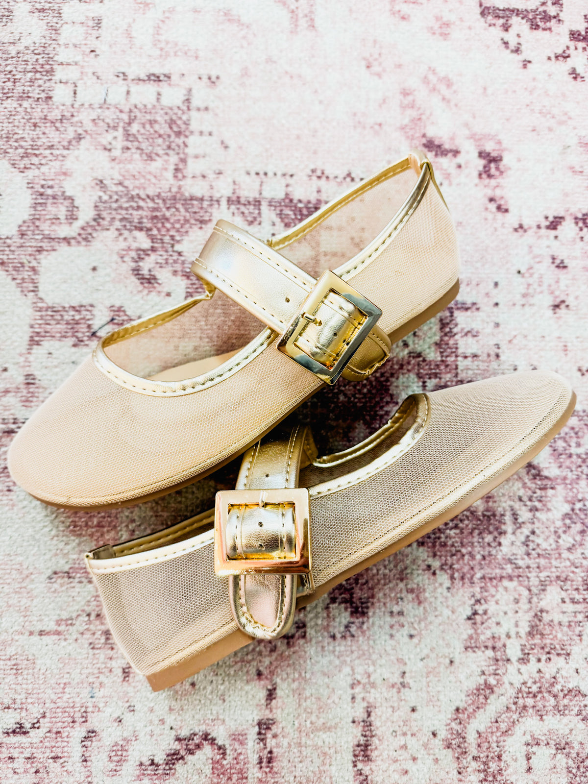 Sheer Mesh Mary Jane Buckle Ballet Flat - Gold
