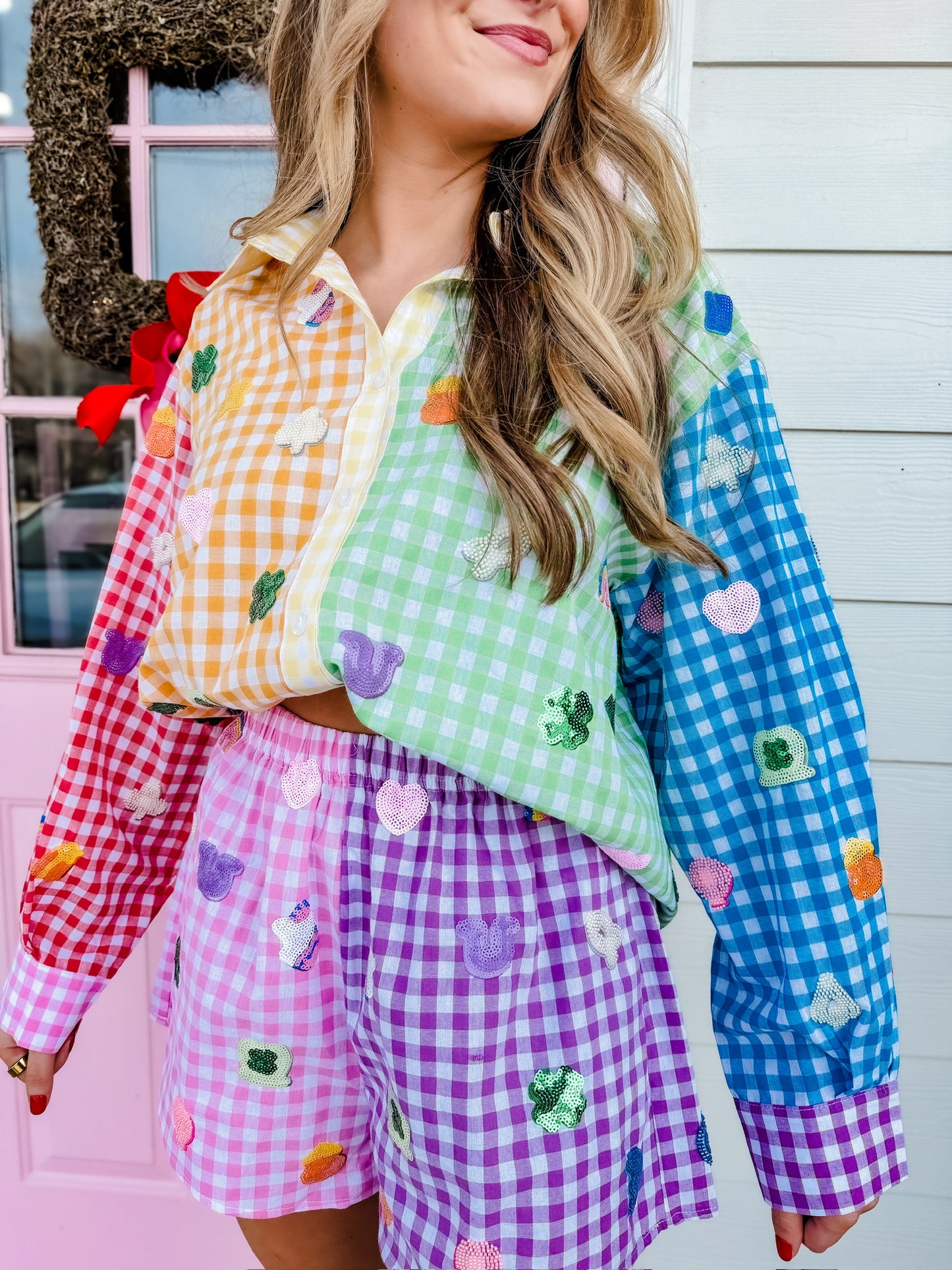 Queen of Sparkles Rainbow Gingham Colorblock Lucky Charms Button Up Cotton Top