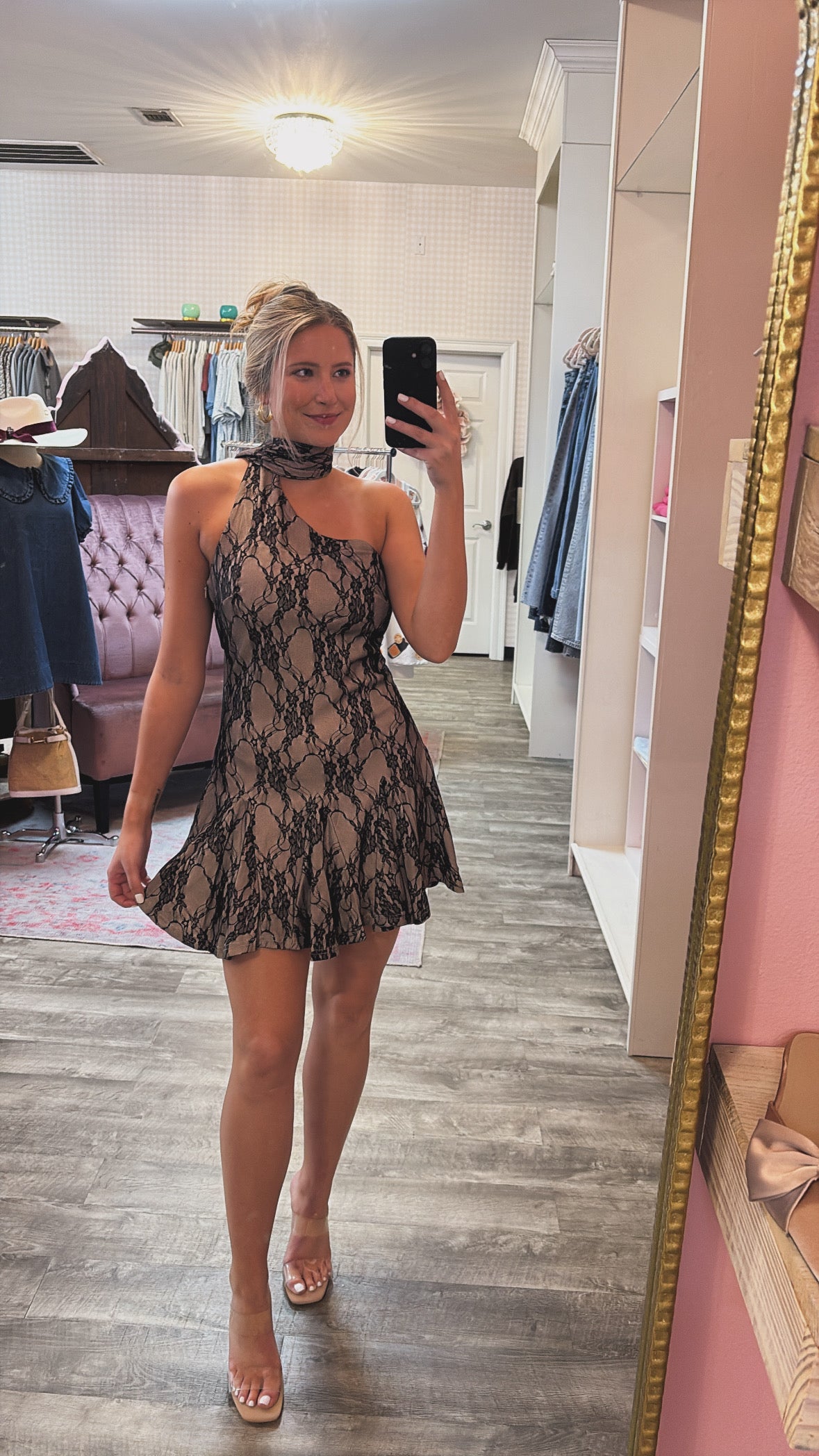 Into The Night Lace Neck Tie Dress - Black