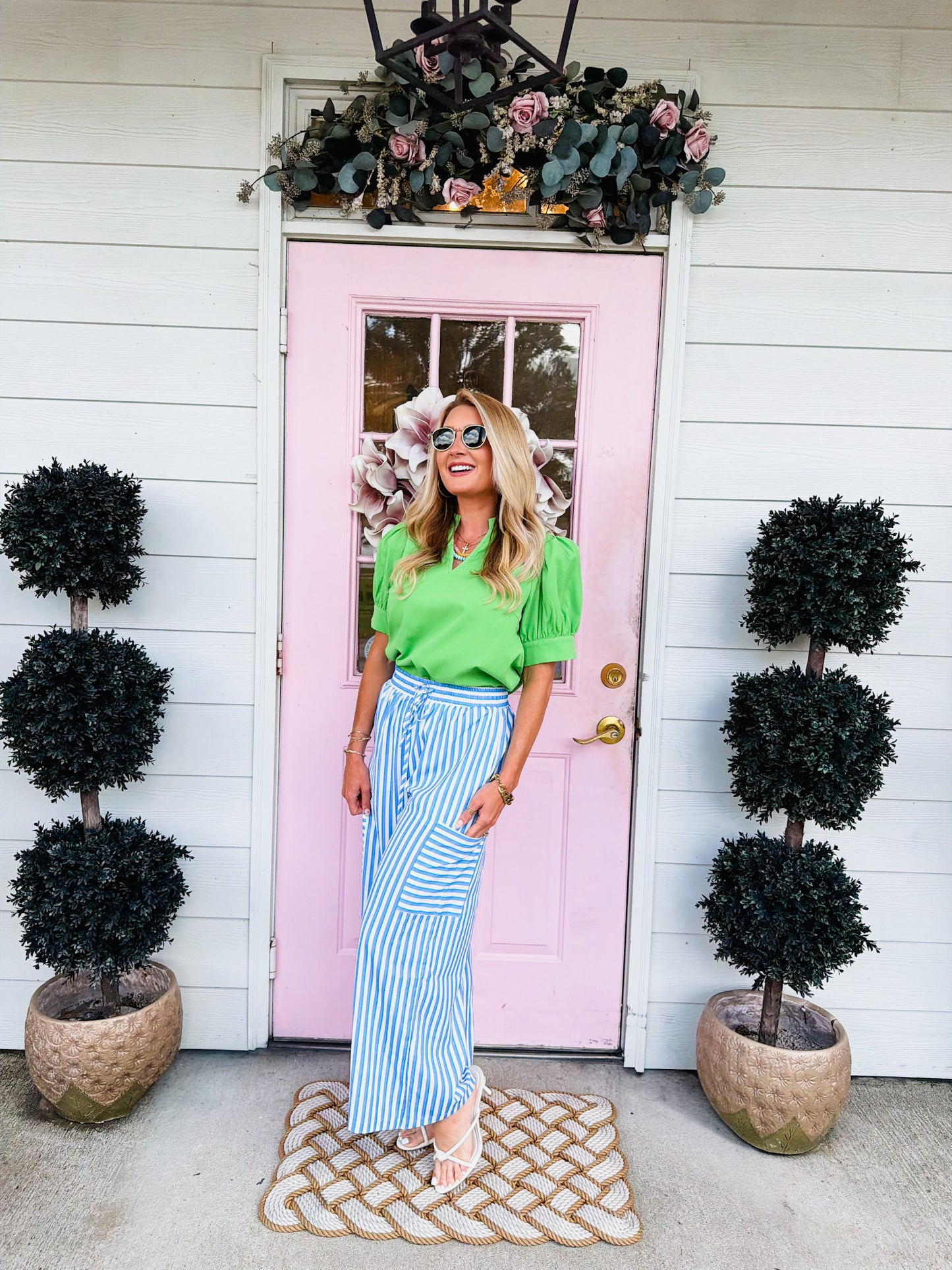 Stripe Drawstring Elastic Waist Patch Pocket Wide Let Pant - Sky Blue