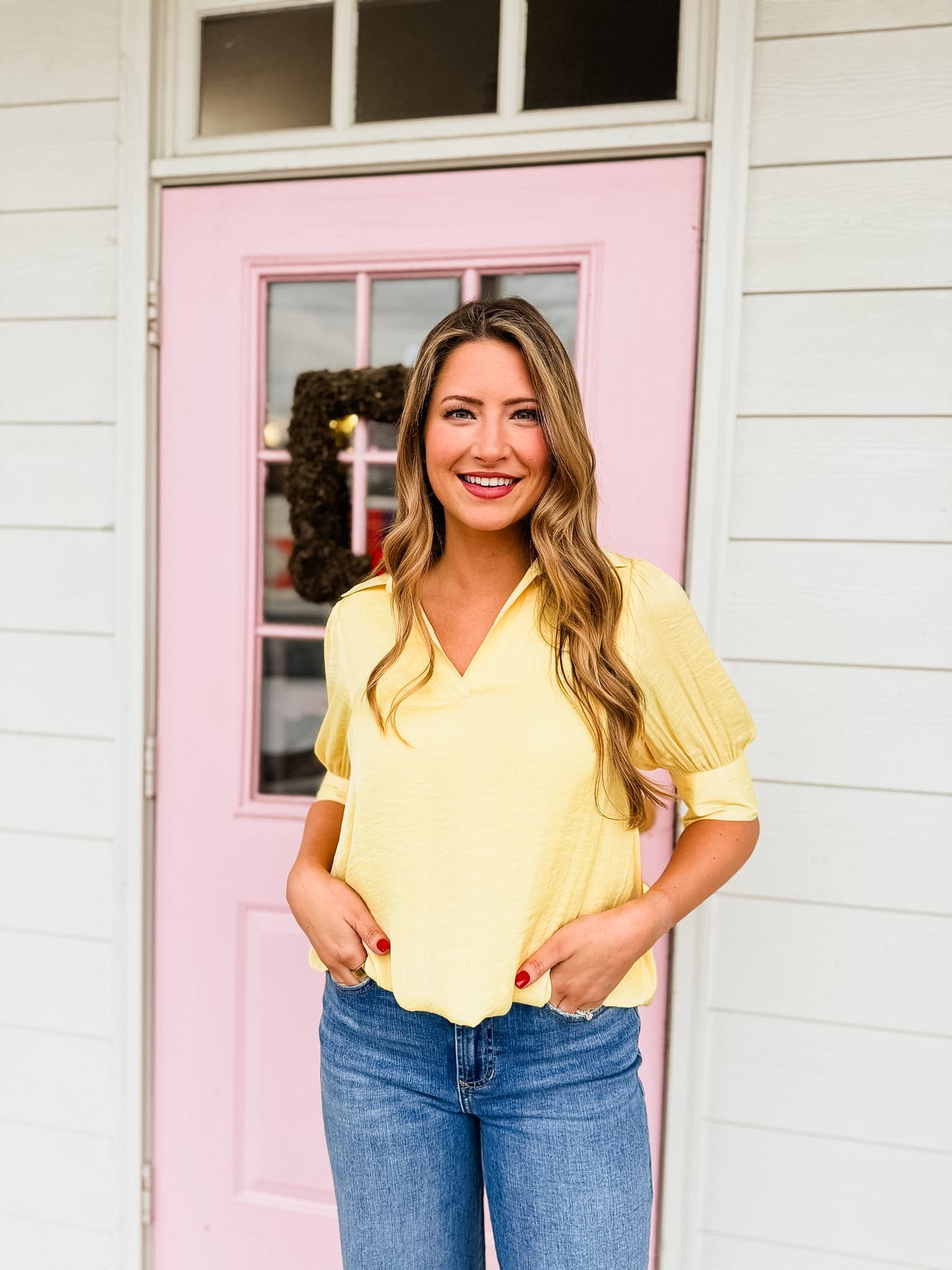 Don't Slip Half Sleeve Hi-lo Bubble Hem Blouse - Pale Banana