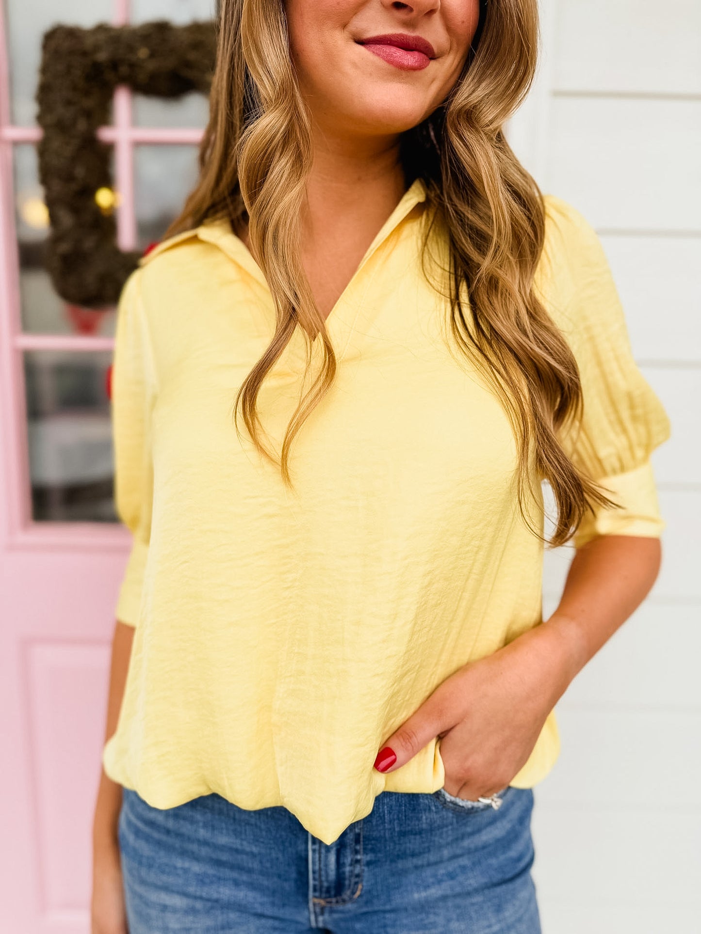 Don't Slip Half Sleeve Hi-lo Bubble Hem Blouse - Pale Banana