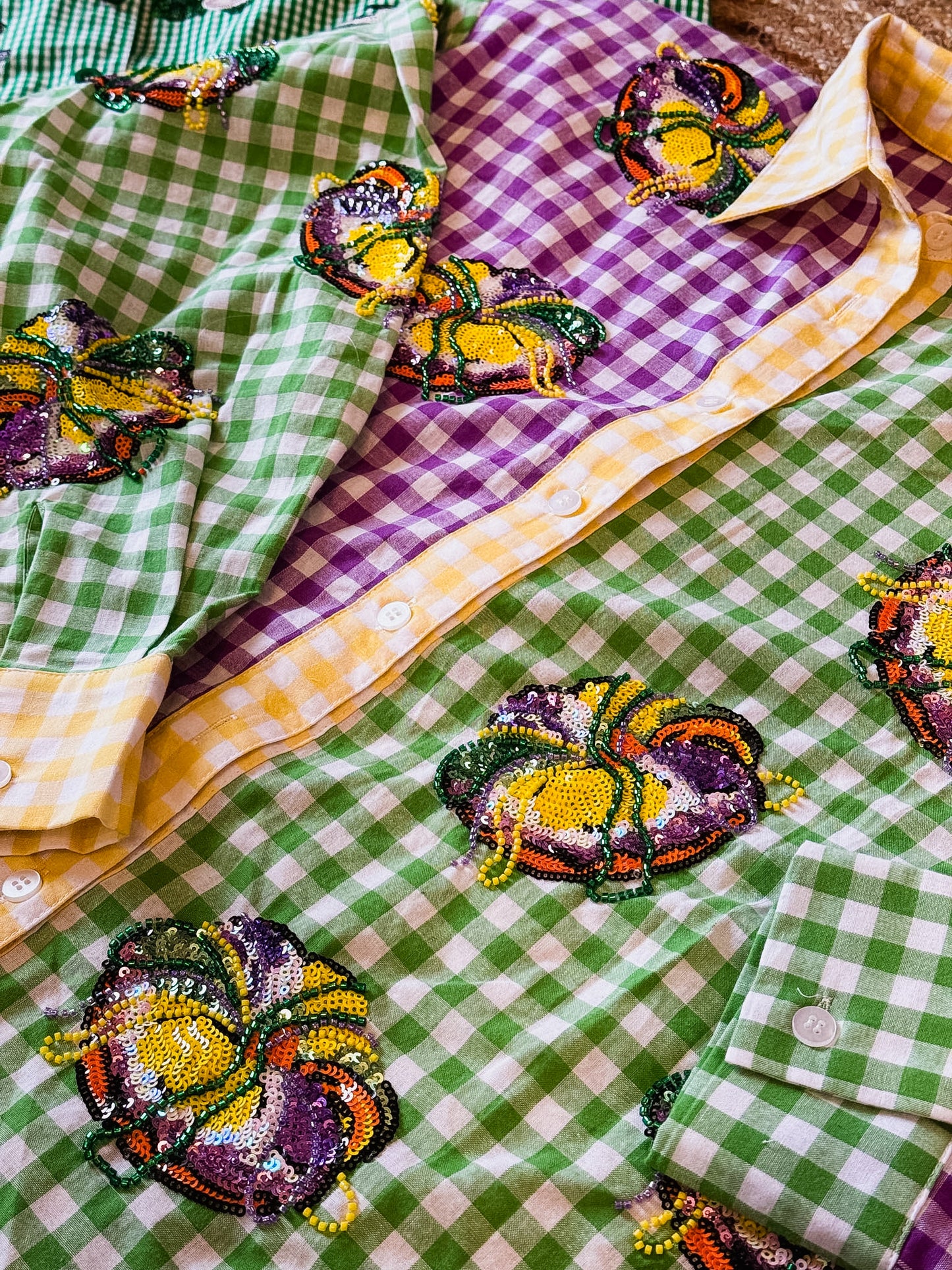 Queen Of Sparkles Colorblock Mardi Gras Gingham King Cake Button Up Top