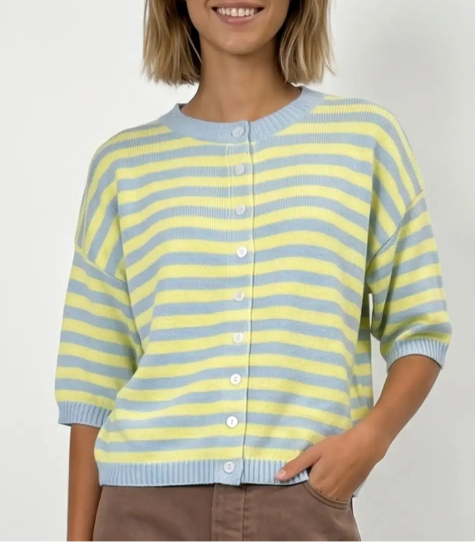 Big Change Stripe Soft Button Down Cardigan - Sky/Yellow