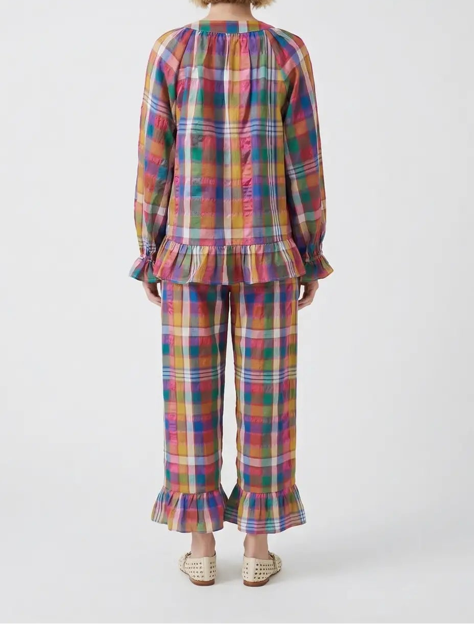 Big Town Multi Color Plaid Ruffle Detail Pant - Pink/Navy Plaid