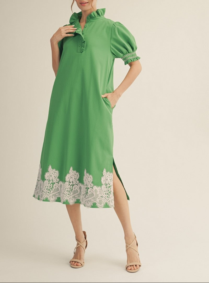 New Horizons Applique Lace Trim Hem Detail Midi Dress - Kelly Green