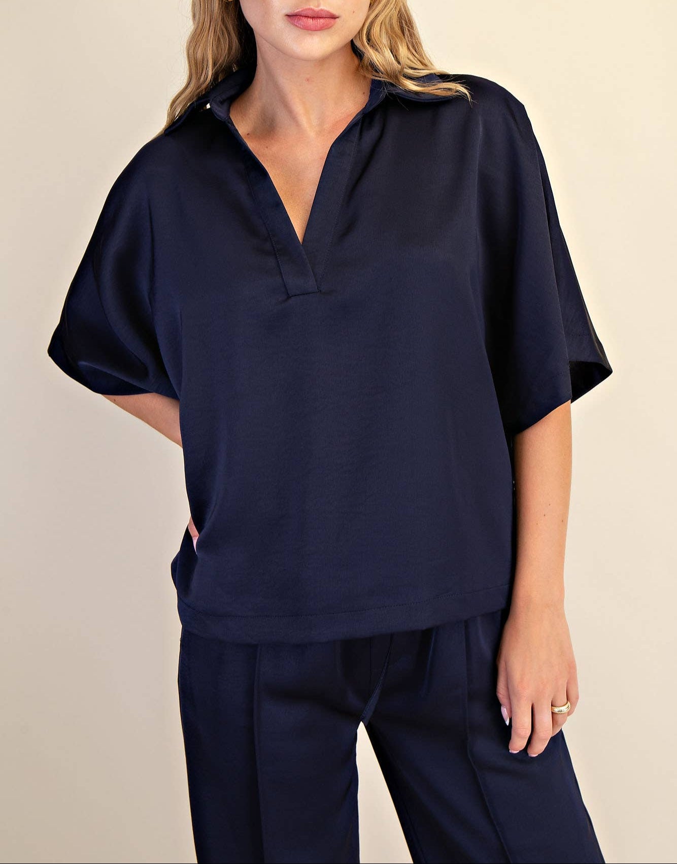 Collar V-Neck Oversized Top - Navy