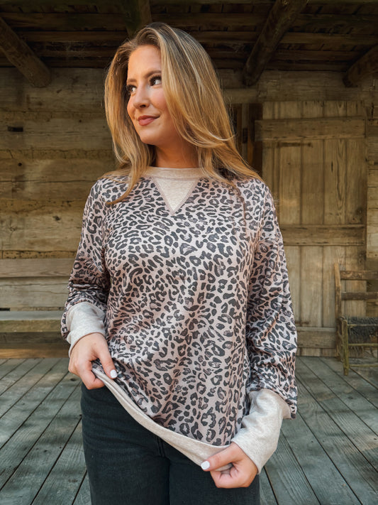 Leopard Long Sleeve Pullover Top - Khaki