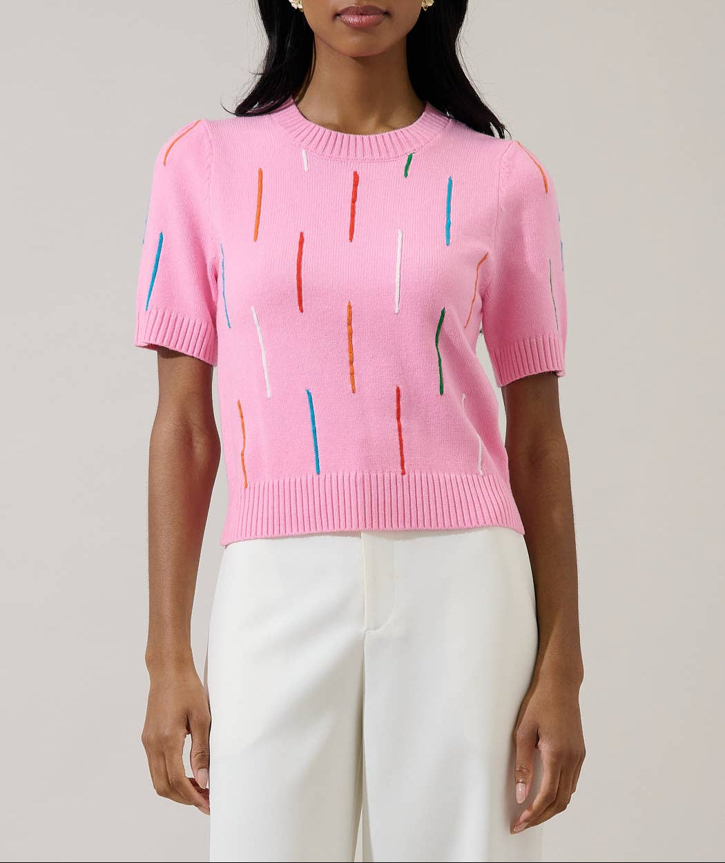 Debora Rainbow Ribbed Sweater Top - Pink