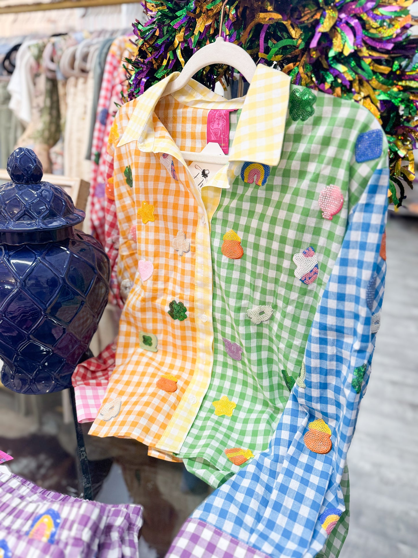 Queen of Sparkles Rainbow Gingham Colorblock Lucky Charms Button Up Cotton Top