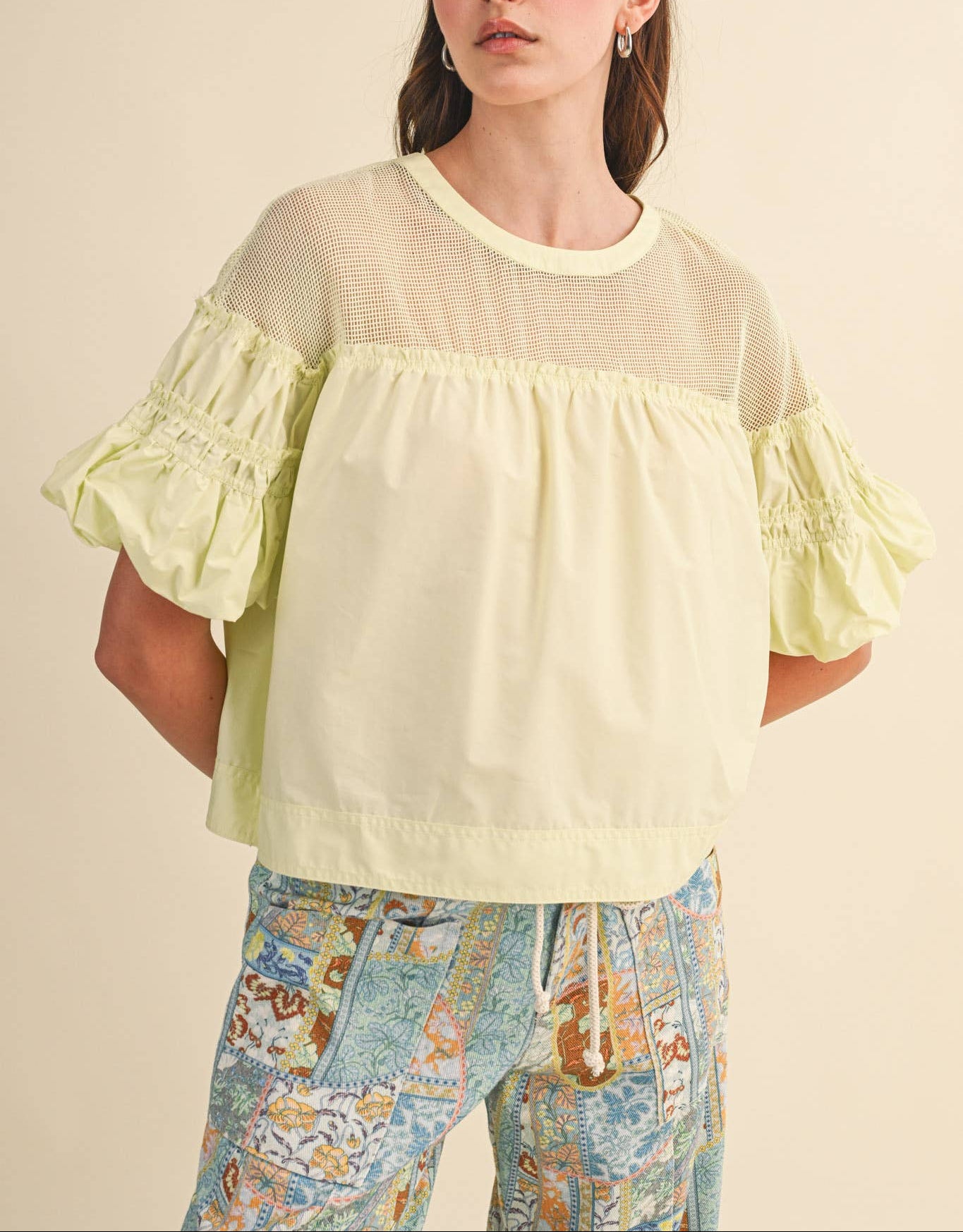 Lucky Charm Sheer Mesh Bubble Sleeve Top - Chartreuse