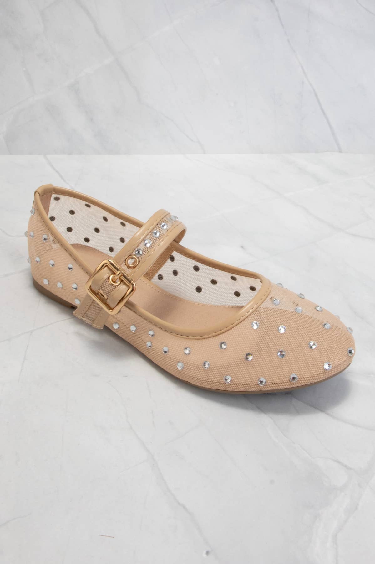 Rhinestone Embellished Mesh Mary Jane - Nude