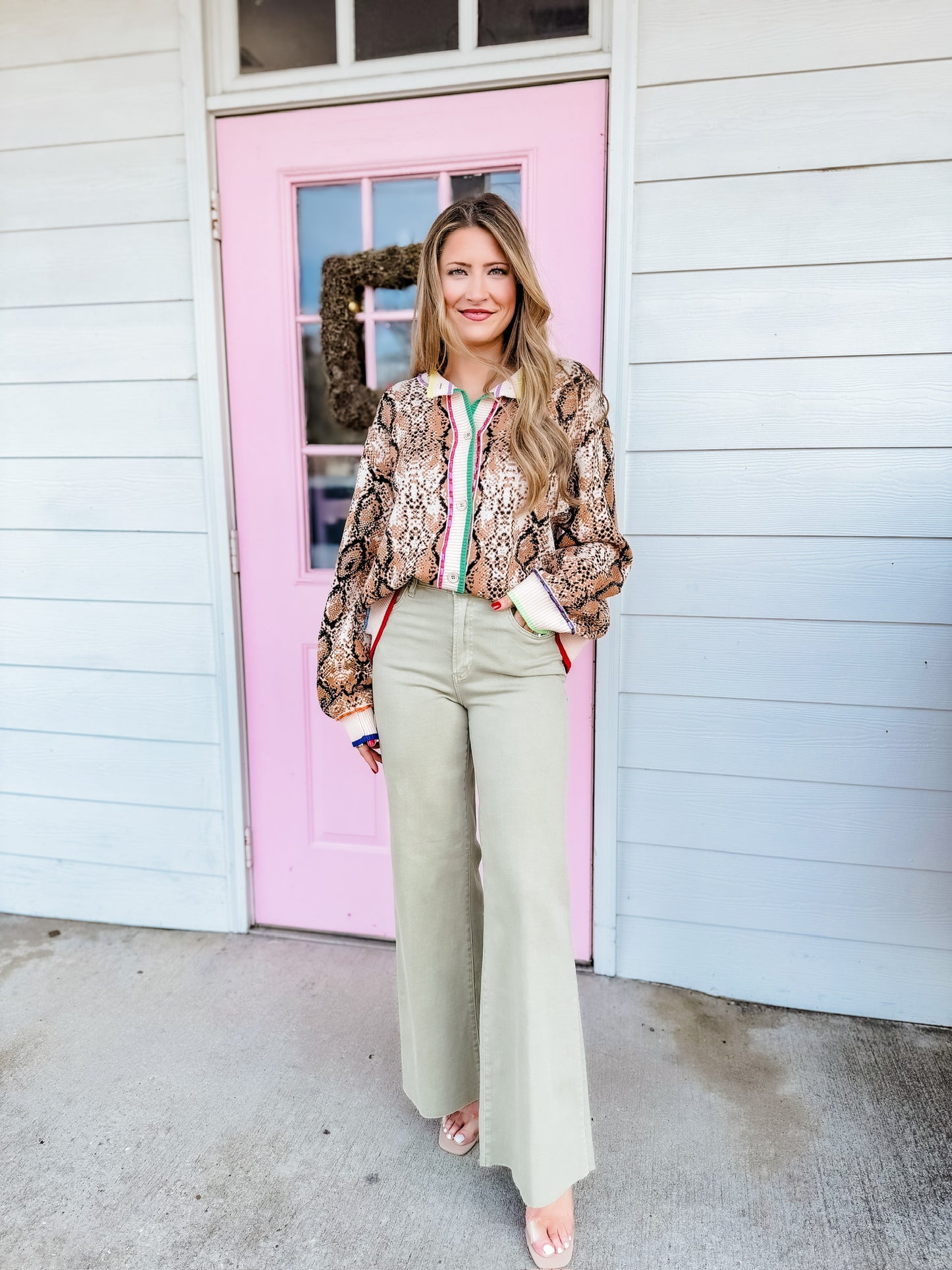 Queen of Sparkles Snake Print Rainbow Trim Button Up Sweater Cardigan
