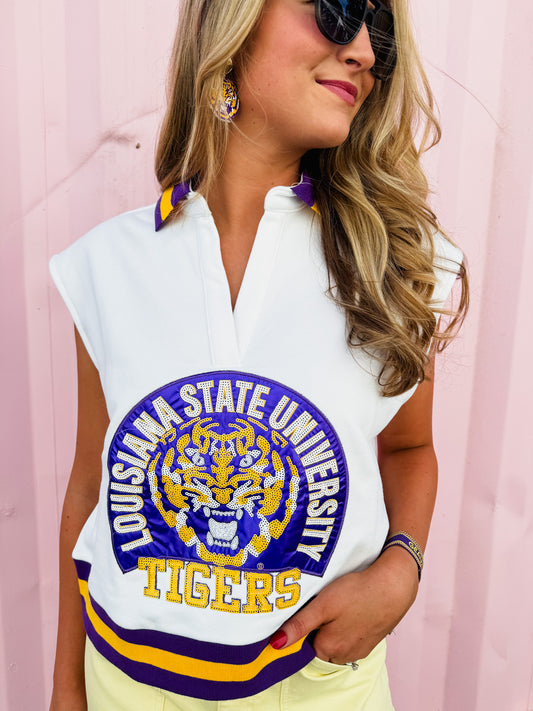 Queen Of Sparkles Licensed LSU Striped Collar Circular Mascot Tank