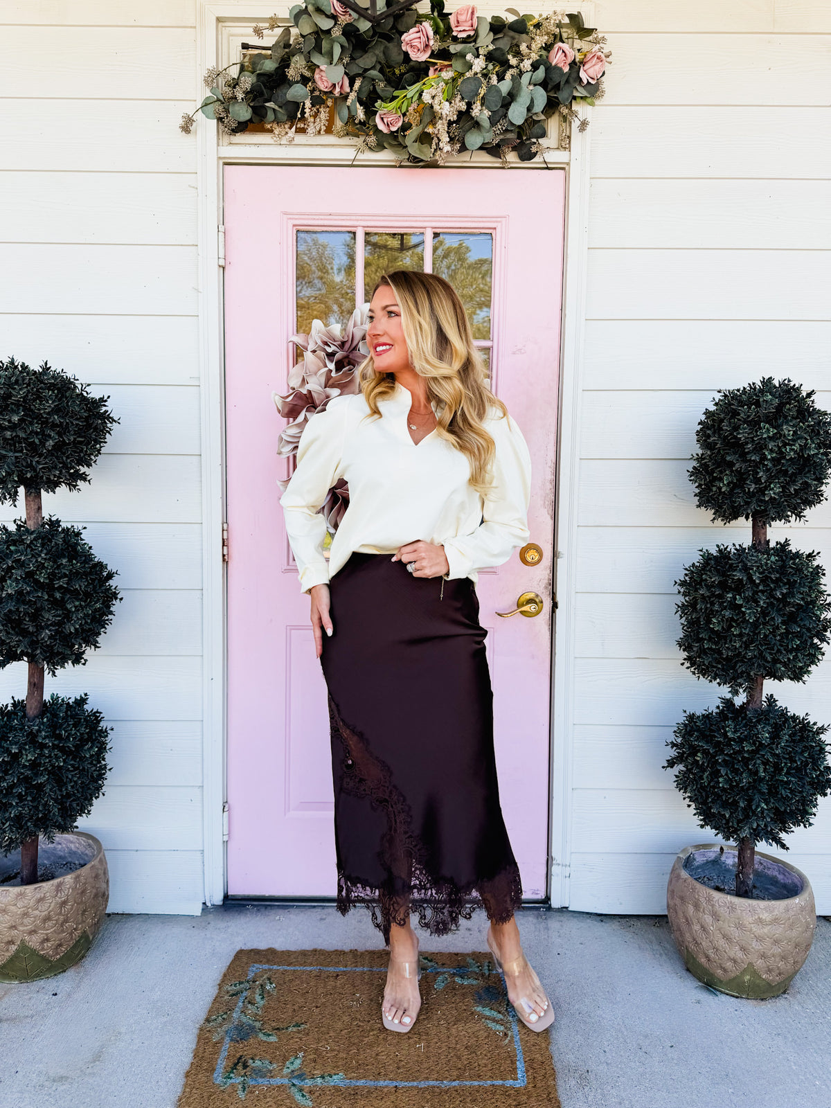 Rambler Mixed Lace Midi Skirt - Brown