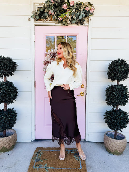 Rambler Mixed Lace Midi Skirt - Brown