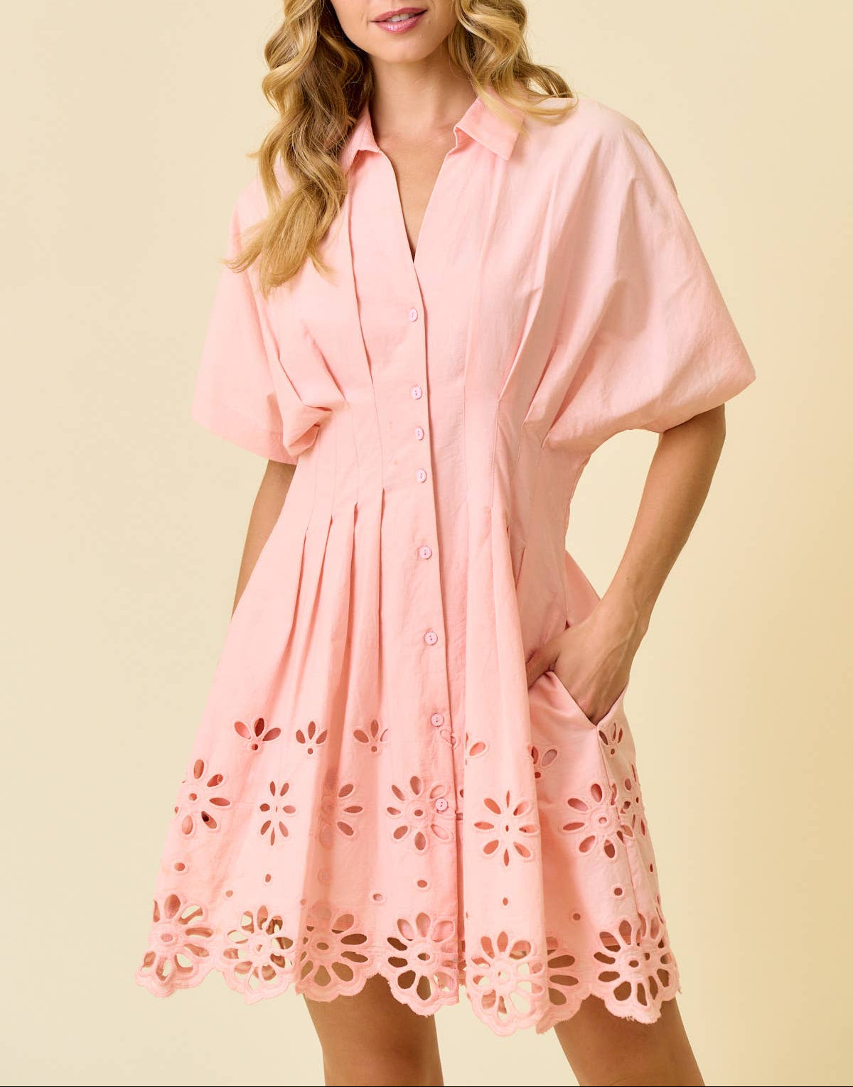 Under The Sea Scallop Embroidery Shirt Dress - Coral