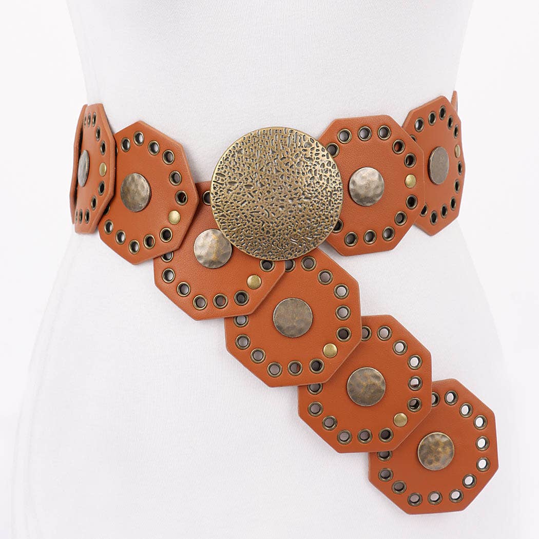 Multi Metal Round Vintage Belt - Camel