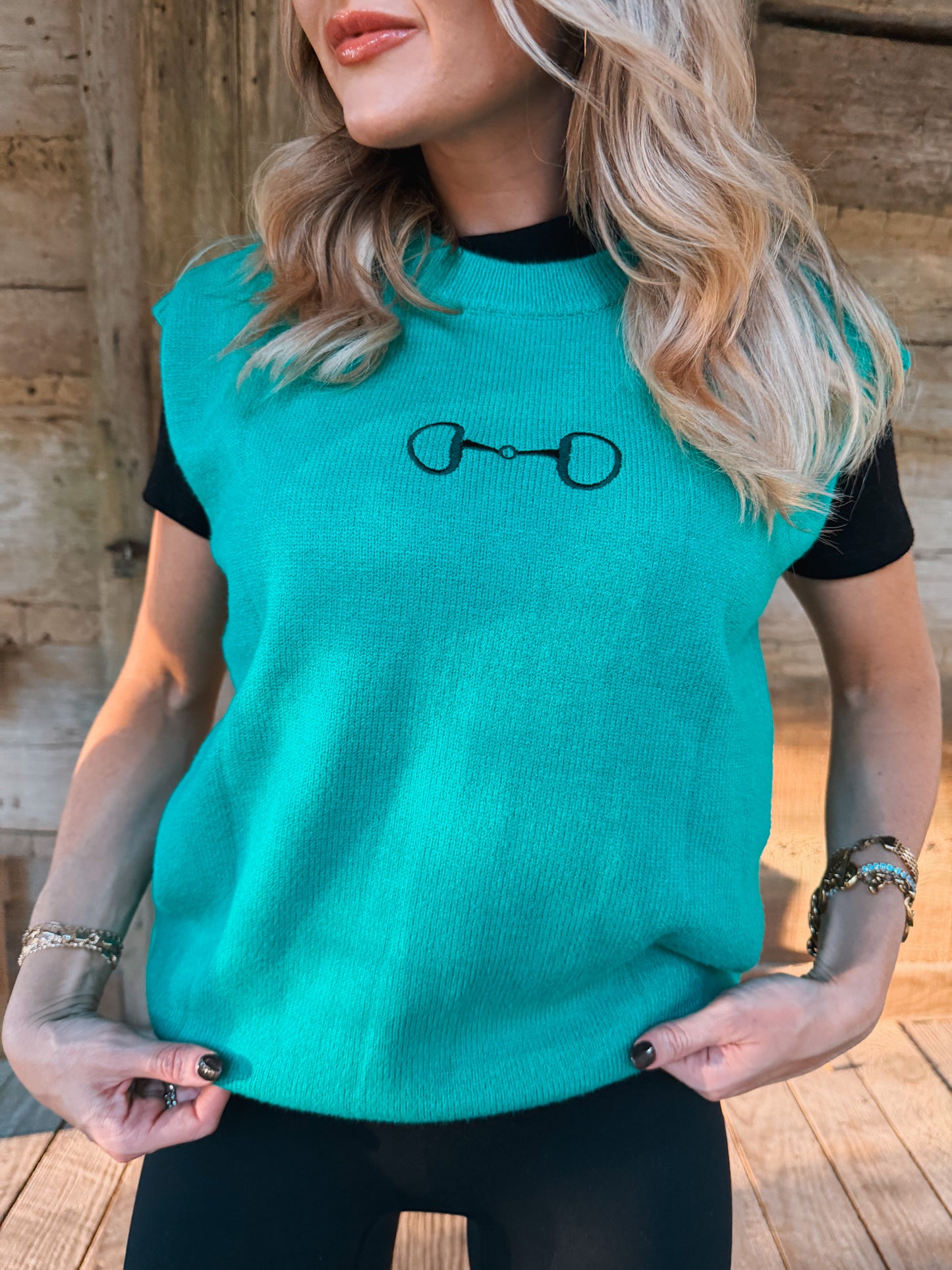 Horse Bit Embroidered Sweater Vest - Bright Green