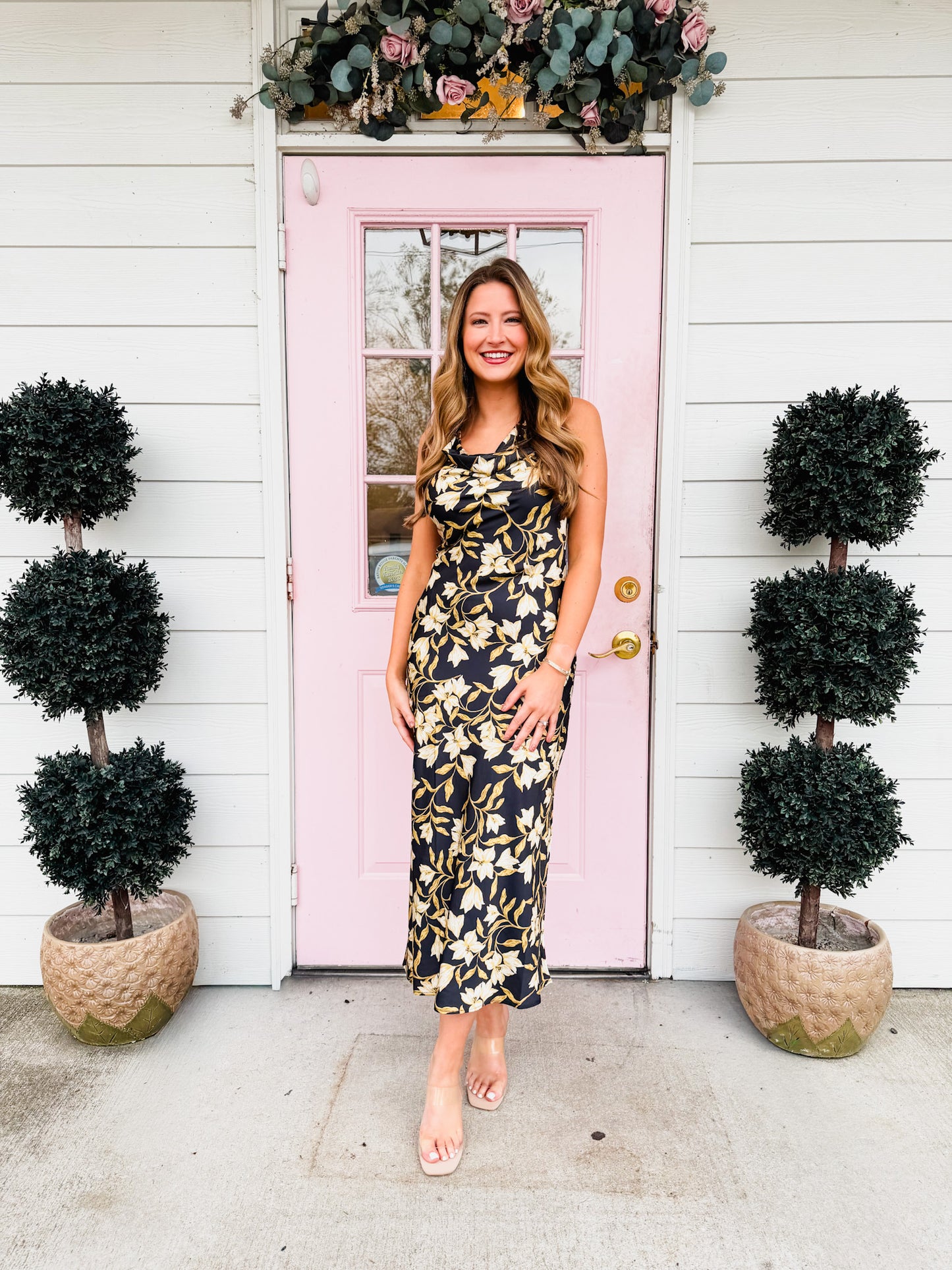 Gala Cowl Neck Floral Bias Midi Dress - Black Multi