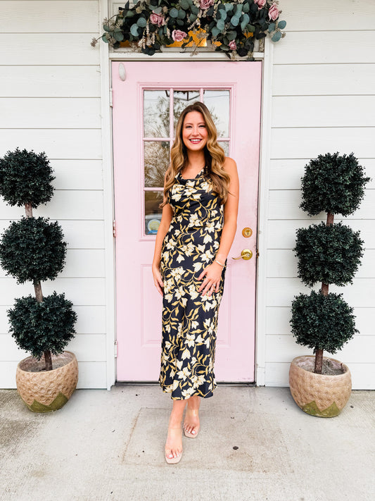 Gala Cowl Neck Floral Bias Midi Dress - Black Multi