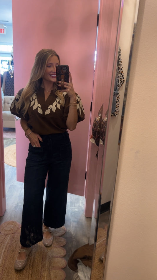 Take Cover Leaf Embroidered Puffed Sleeve Top - Brown