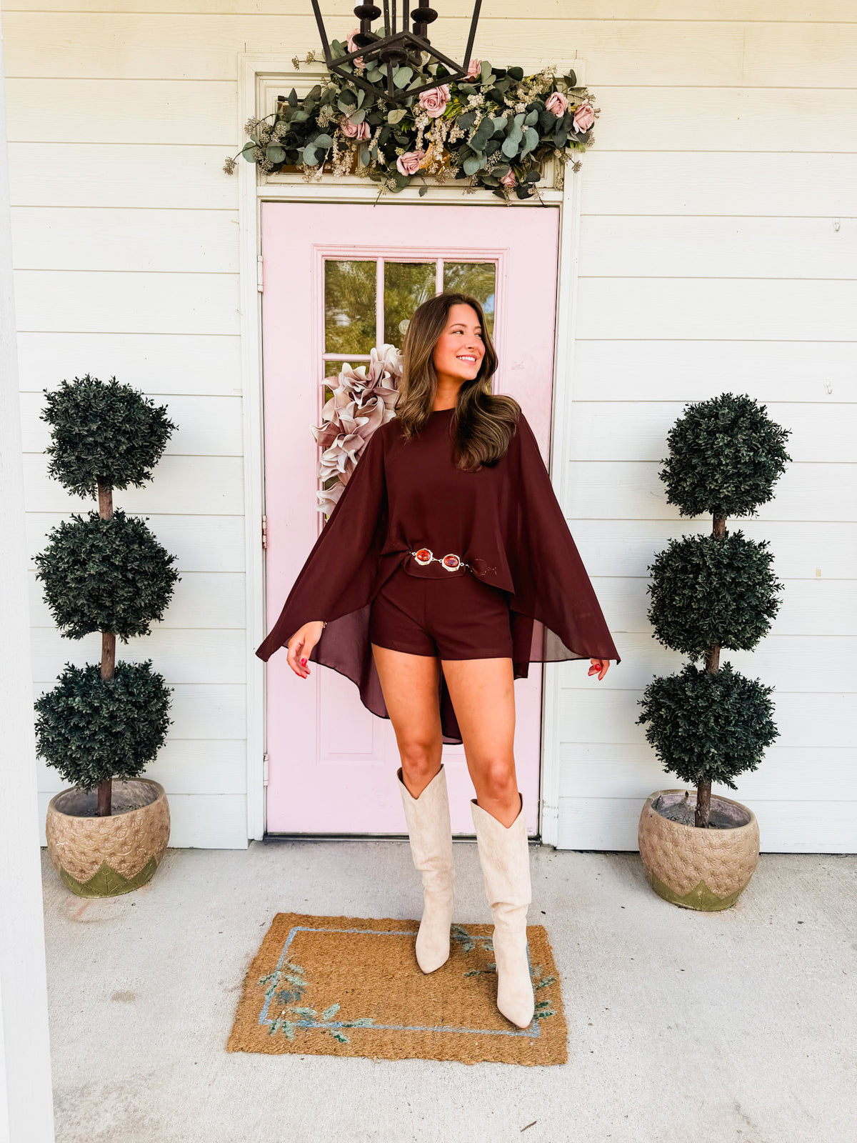 Say Goodbye Chiffon Cape Overlay Sleeveless Romper - Chocolate