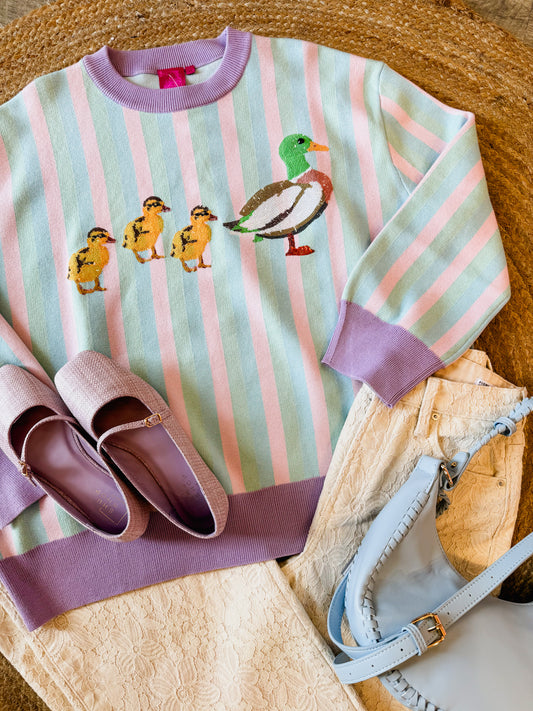 Queen of Sparkles Pastel Striped Duck & Chicks Sweater