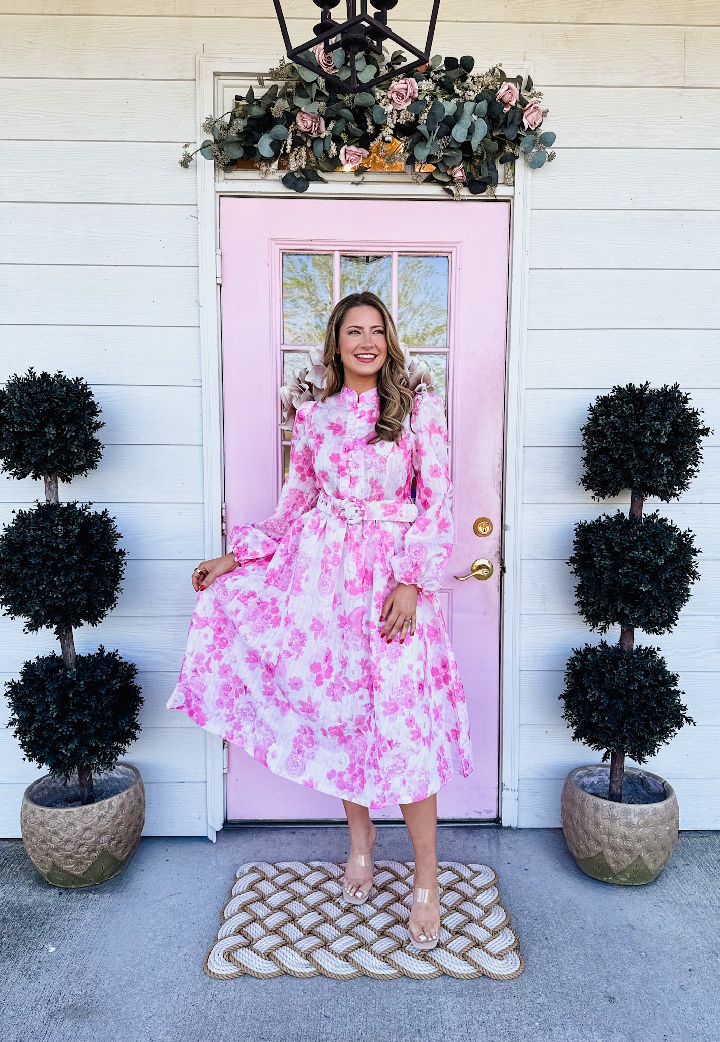Stand Tall Floral Mock Neck Button Down Dress - Pink