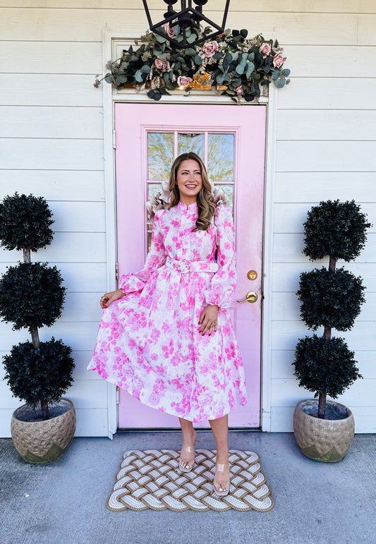 Stand Tall Floral Mock Neck Button Down Dress - Pink