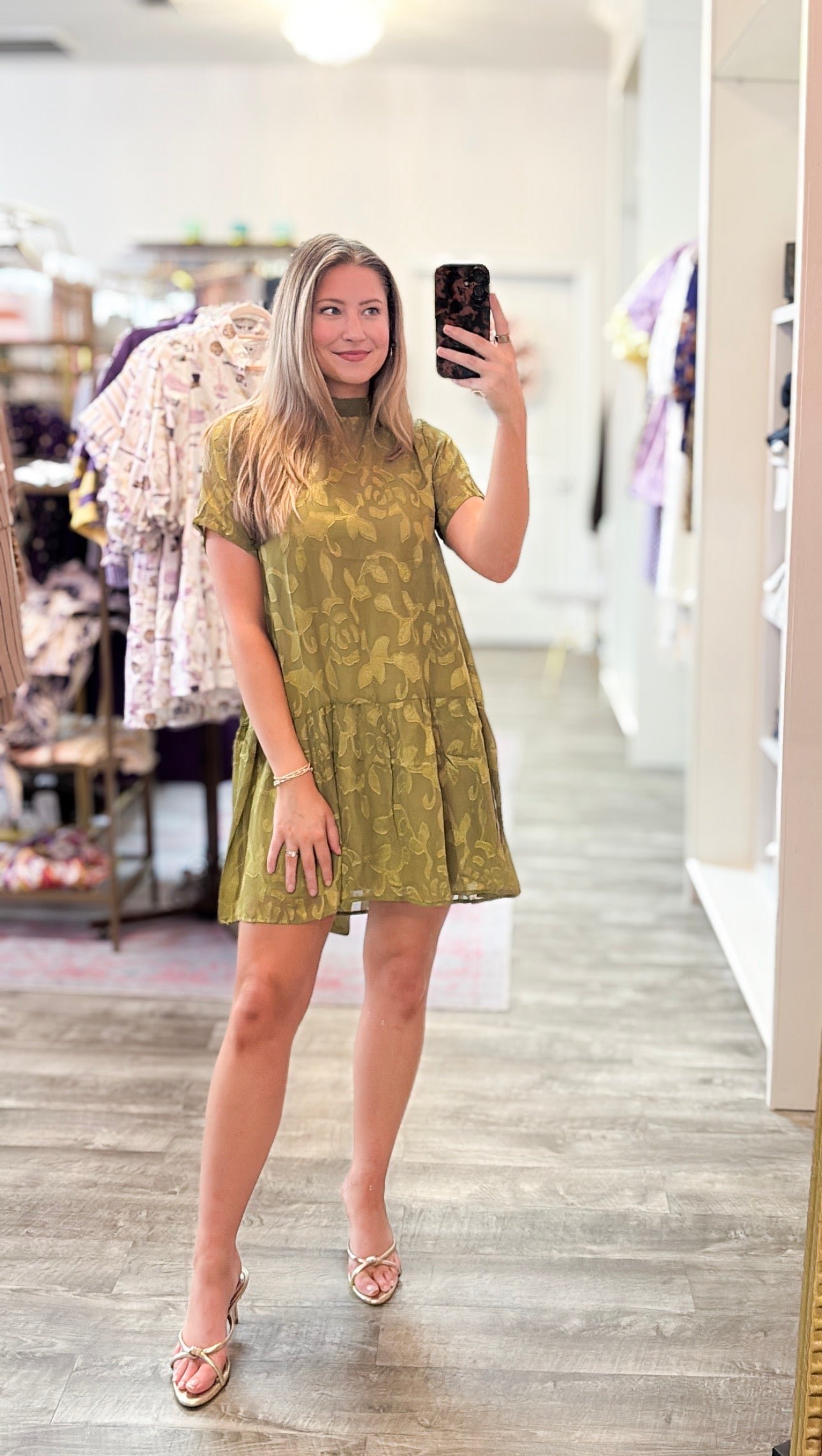 Story Time Floral Jacquard Tie-Neck Mini Dress - Olive