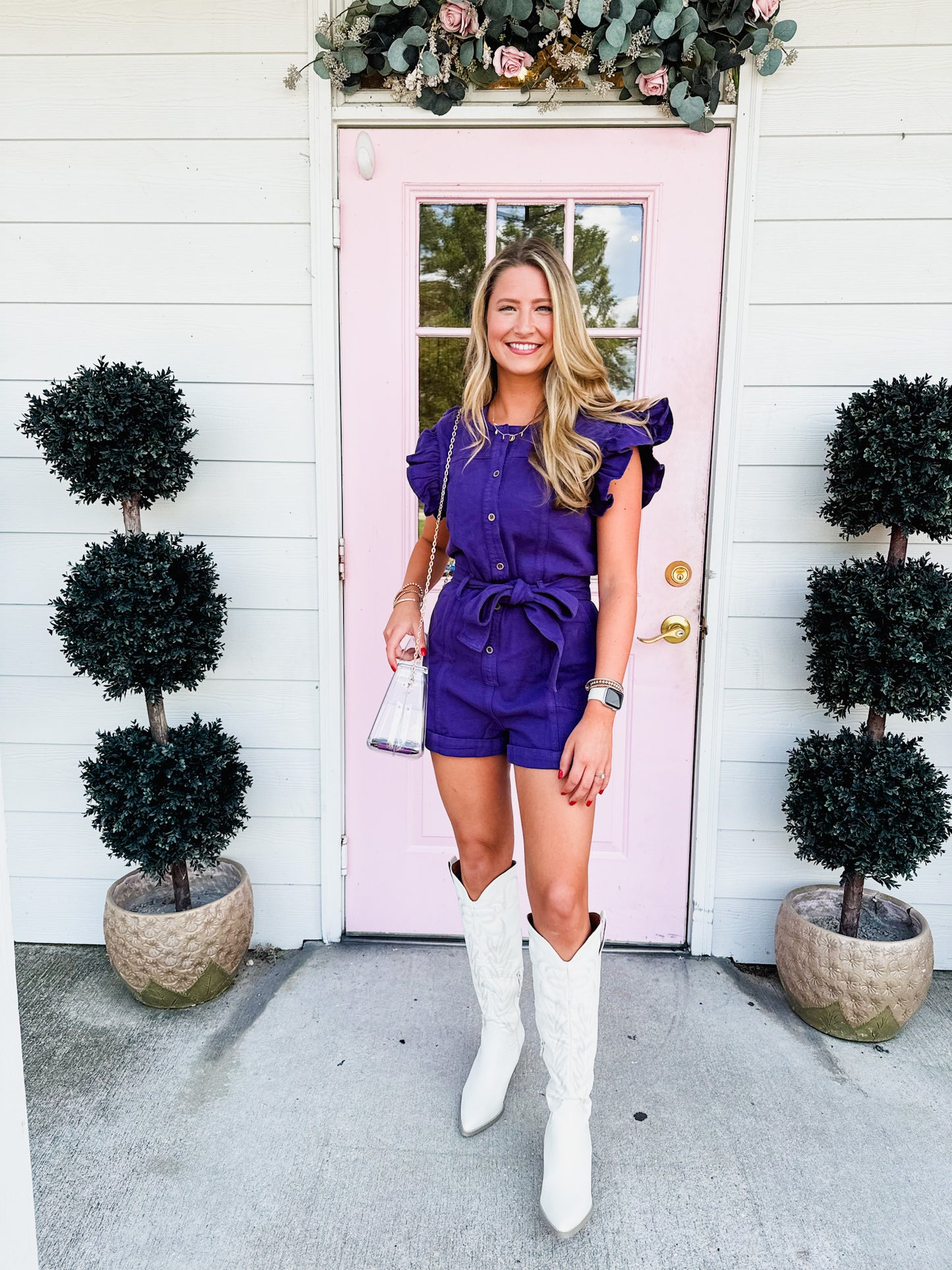 Game Day Ready Denim Belted Romper - Purple