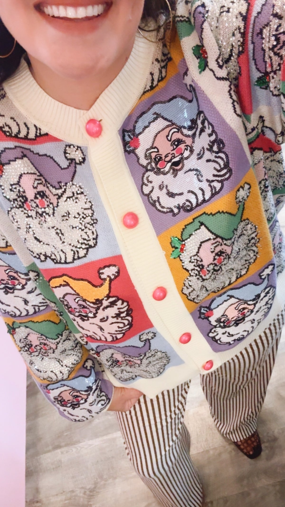 Queen of Sparkles Pastel Colorblock Santa Button Up Cardigan